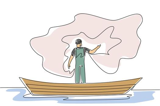 soltero uno línea dibujo un hombre vistiendo un sombrero en pie en un de madera barco mientras fundición un neto. grave preparación antes de cosecha. pescador sostener pez. continuo línea diseño gráfico ilustración vector