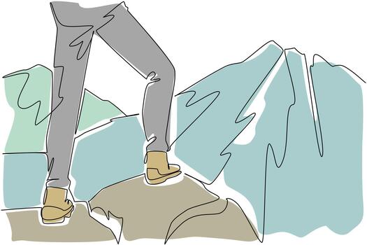 Single continuous line drawing feet standing on rocks with mountains in the background. Climbers take a break before continuing the climb. National Trails Day. One line design illustration vector