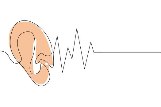 Single one line drawing ear with sound wave effect. The sense of hearing. Maintain optimal function. Noise impairs function. National Save Your Hearing Day. Continuous line design graphic illustration vector