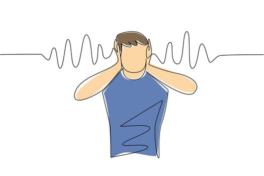 Continuous one line drawing a man in casual clothes holds ears with both hands and sound wave effects. Do not like noise. National Save Your Hearing Day. Single line draw design illustration vector