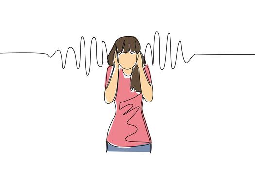 Single continuous line drawing a young woman in casual clothes holds ears with both hands and sound wave effects. Dizzy with noise. National Save Your Hearing Day. One line design illustration vector