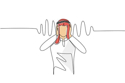 Single one line drawing an Arab man holds ears with both hands and sound wave effects. Prevent loud noises from being heard. National Save Your Hearing Day. Continuous line design graphic illustration vector