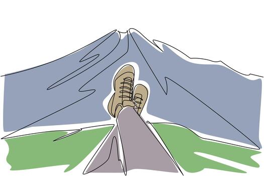 Continuous one line drawing feet wearing hiking shoes are relaxing stacked against a mountain background. Rest with a beautiful view. National Trails Day. Single line draw design illustration vector