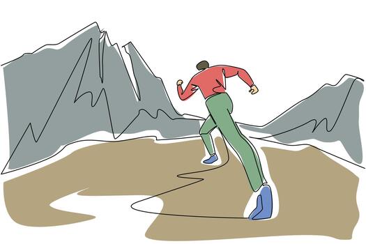 Continuous one line drawing a man running on a mountain track. Jogging in the cool morning atmosphere of the mountains. Sweating. National Trails Day. Single line draw design illustration vector
