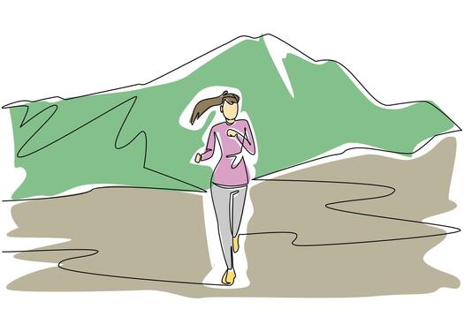 Continuous one line drawing a woman running on a mountain track with mountains in the background. Practice and train physical strength. National Trails Day. Single line draw design illustration vector