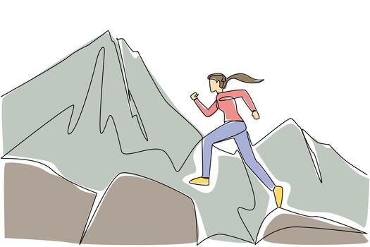 Single continuous line drawing a woman running jumping from one large rock to another with a mountain backdrop. Climb by running. Strong woman. National Trails Day. One line design illustration vector