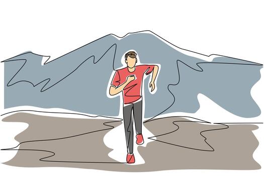 Single one line drawing a man running on a mountain track with mountains in the background. Running down the mountain. Healthy activity National Trails Day. Continuous line design graphic illustration vector