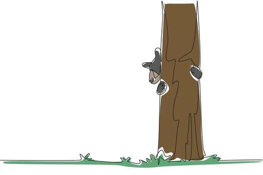 continuo uno línea dibujo negro oso abrazando un árbol maletero con sus cabeza pega fuera desde detrás el árbol. jugando mientras caza. nacional negro oso día. soltero línea dibujar diseño ilustración vector