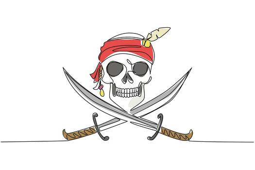 Single continuous line drawing skull wearing a bandana with crossed swords underneath. A symbol of criminals on the high seas. Pirates. Do not Give Up the Ship Day. One line design illustration vector