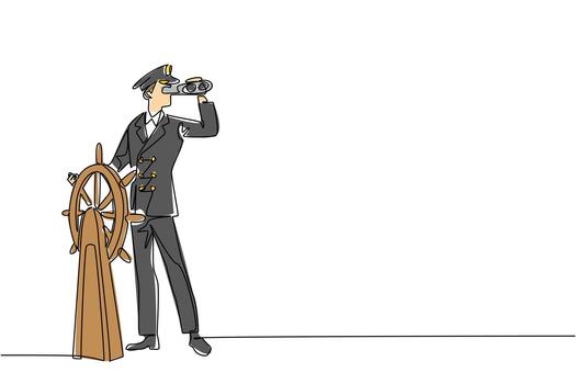 Continuous one line drawing captain of ship stands holds steering wheel uses binocular to monitoring. Reading the wind. Work. Do not Give Up the Ship Day. Single line draw design illustration vector