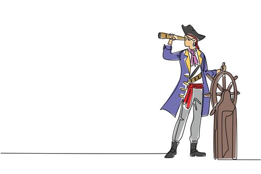 Single continuous line drawing pirate stands holds steering wheel uses monocular to monitoring. Observing navigation. Leading to gold. Do not Give Up the Ship Day. One line design illustration vector