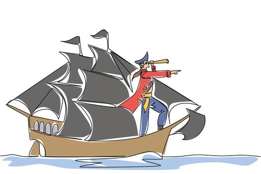 Single one line drawing pirate stands on a sailboat using a monocular while monitoring. Pirates prepare to devour other ships. Do not Give Up the Ship Day. Continuous line design graphic illustration vector