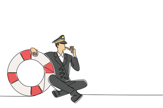 Single continuous line drawing captain of ship sit cross legged on floor smoking tobacco pipe hugs a buoy. Classic style is still cool. Do not Give Up the Ship Day. One line design illustration vector