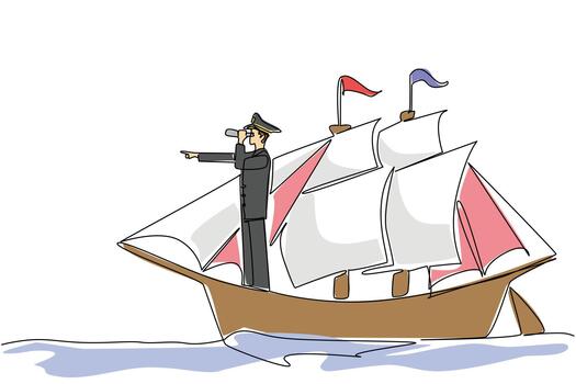 Single one line drawing ship captain standing on a sailboat using a binocular while monitoring. Looking for land to anchor. Do not Give Up the Ship Day. Continuous line design graphic illustration vector