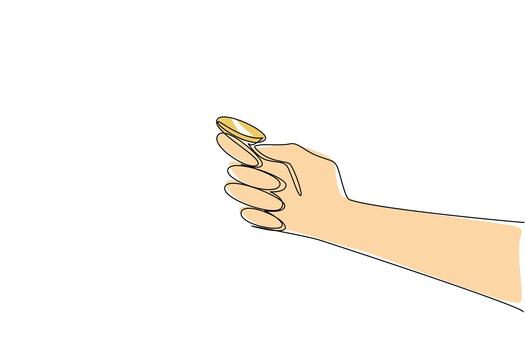 Single one line drawing coin placed on the thumb and index finger, ready to flip a coin. Draw the first game start. The wise way. Luck. Flip a Coin Day. Continuous line design graphic illustration vector