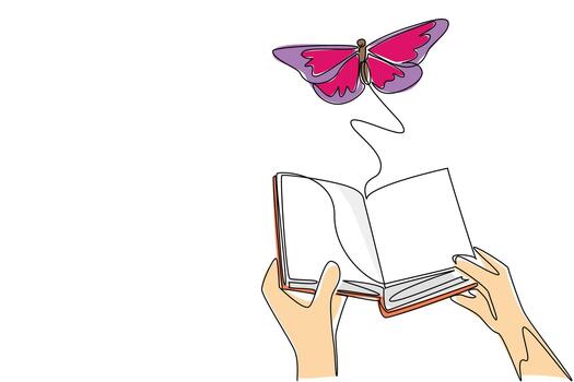 Single one line drawing two hands holding thick old book open and taking out a large butterfly. Cultivation methods. Butterfly Education and Awareness Day. Continuous line design graphic illustration vector
