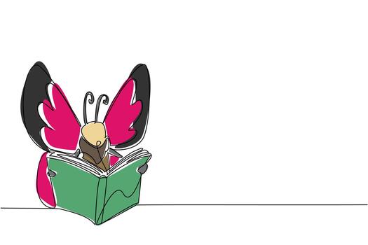 Single one line drawing butterfly is reading a thick book. Reading the story of his own transformation. Good example. Butterfly Education and Awareness Day. Continuous line design graphic illustration vector