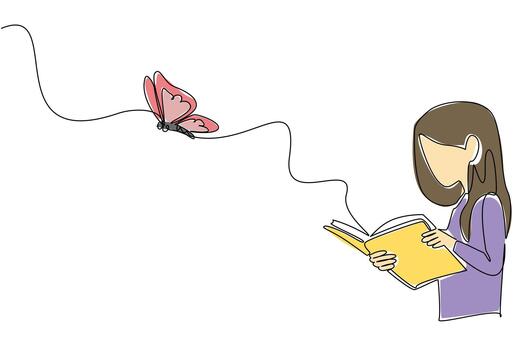 Continuous one line drawing a girl opens thick book which releases a large butterfly. Learn butterfly transformation. Butterfly Education and Awareness Day. Single line draw design illustration vector