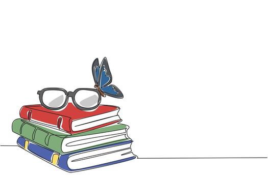 Continuous one line drawing a pile of thick old books with glasses on top and butterflies perched. Learn cultivation. Butterfly Education and Awareness Day. Single line draw design illustration vector