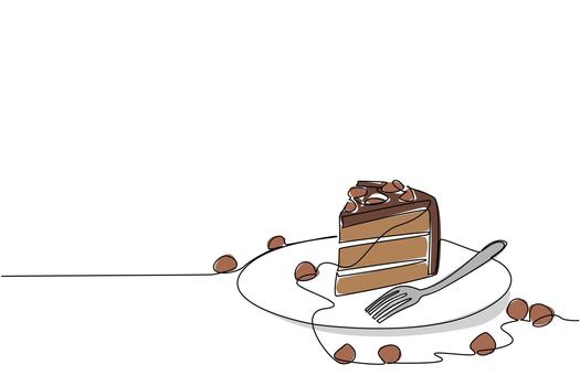 Continuous one line drawing hazelnut cake slices with hazelnut topping on small plate with fork. Enjoy piece of delicious food. National Hazelnut Cake Day. Single line draw design illustration vector