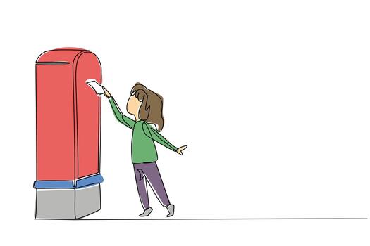 Continuous one line drawing a girl on tiptoe puts a letter into post box. Learn to send letters in the modern era. Communicate the classic way. Pen Pal Day. Single line draw design illustration vector