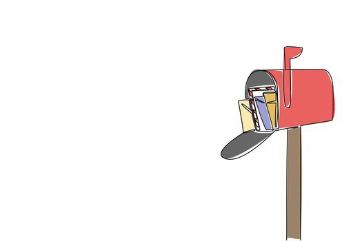 Single one line drawing the mailbox open and there are many letters inside. Received many letters from distant friends. Place to receive mail. Pen Pal Day. Continuous line design graphic illustration vector