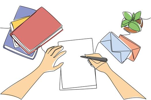 Single one line drawing a pair of hands writing on paper with a stack of books and paper envelopes. Write lots of messages to friends. Postal. Pen Pal Day. Continuous line design graphic illustration vector