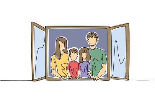 Single continuous line drawing a family in front of an open window. The appearance of an example of a happy, harmonious family. Compactness. Global Day of Parents. One line design illustration vector