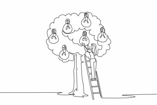 soltero continuo línea dibujo un mujer sube escalera dentro árbol a obtener bombilla y saco conteniendo muchos bombillas. mirando para soluciones nacional creatividad día. uno línea ilustración vector
