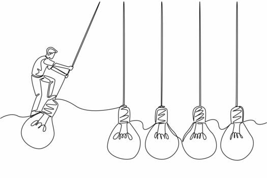 Continuous one line drawing man stands on lightbulb with both hands hold light cord and swings. Trying to offer the best opinion. National Creativity Day. Single line draw illustration vector