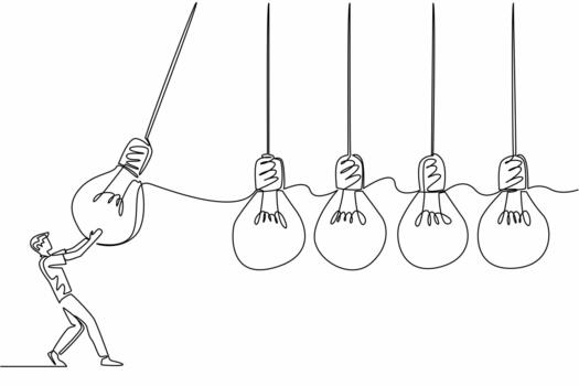 Single one line drawing a businessman holds a lightbulb and swings it at 4 lightbulbs in a row. Symbolism of throwing opinions. National Creativity Day. Continuous line design illustration vector