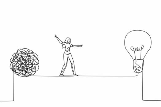 soltero continuo línea dibujo un mujer camina en cuerda de equilibrista Entre un grande enredado pelota y un bombilla. dificil a encontrar un brillante solución nacional creatividad día. uno línea ilustración vector