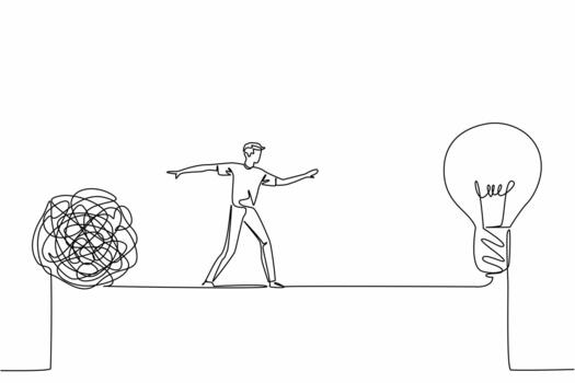 soltero uno línea dibujo un hombre camina en cuerda de equilibrista Entre un grande enredado pelota y un bombilla. Moviente desde el complejidad de pensamiento. nacional creatividad día. continuo línea diseño ilustración vector