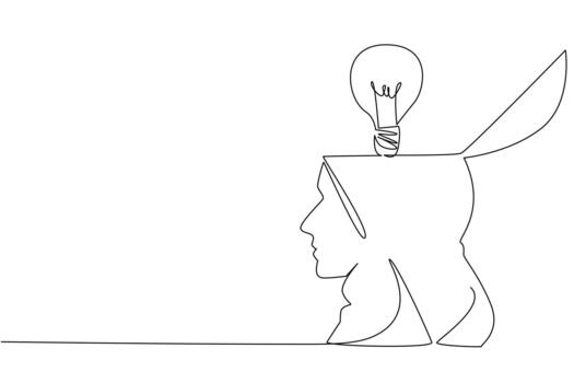soltero uno línea dibujo el parte superior de cabeza es abierto y allí es bombilla encima él. intercambiar ideas abierto más amplio perspectivas solución. nacional creatividad día. continuo línea diseño ilustración vector