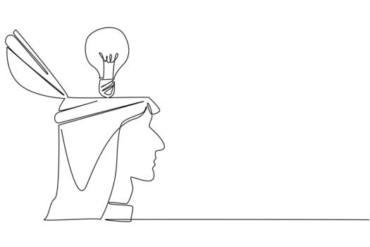 Continuous one line drawing the top of head open and there is lightbulb above it. Pouring out opinions. Clearing the mind. Brain. National Creativity Day. Single line draw illustration vector