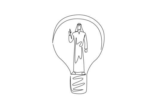 soltero uno línea dibujo árabe hombre con gestos tiene un idea dentro un bombilla. estar con alto confianza. trayendo nuevo ideas nacional creatividad día. continuo línea diseño ilustración vector