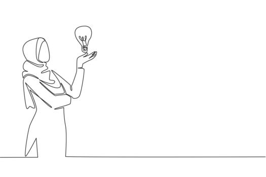 continuo uno línea dibujo árabe mujer levanta y abierto palma con bombilla flotadores encima palmera. pensar seriamente para el mejor solución nacional creatividad día. soltero línea dibujar ilustración vector