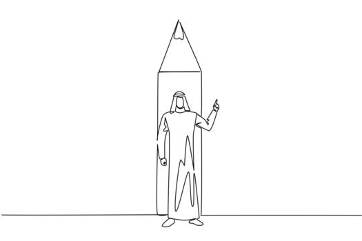 continuo uno línea dibujo árabe hombre soportes en frente de fondo final de lápiz con gesto. escribir abajo creativo y brillante ideas nacional creatividad día. soltero línea dibujar ilustración vector