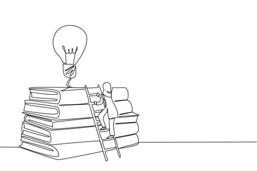 Continuous one line drawing Arab woman climbs stack of thick books with lightbulb floating above. Sincerity sharpens the mind. National Creativity Day. Single line draw illustration vector