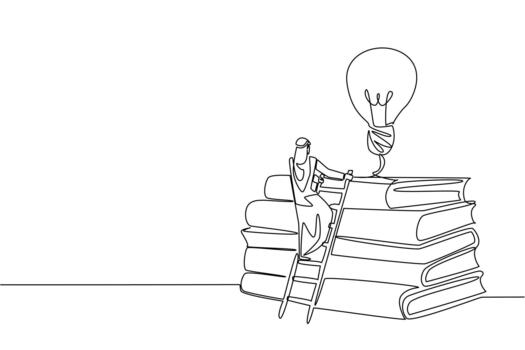 Continuous one line drawing Arab man climbs stack of thick books with lightbulb floating above. Have unlimited creativity. Educate. National Creativity Day. Single line draw illustration vector