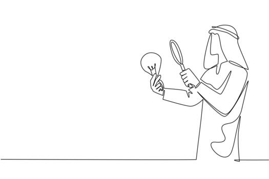continuo uno línea dibujo árabe hombre sostiene bombilla y examina con un aumentador vaso. mirando para el más posible solución. nacional creatividad día. soltero línea dibujar ilustración vector