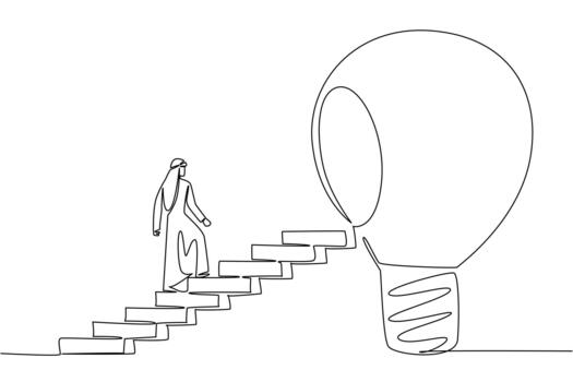 Single one line drawing Arab man walks up ladder towards big lightbulb with hole in center. Decision to move up a class. Education. National Creativity Day. Continuous line design illustration vector