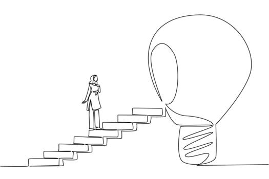 Continuous one line drawing Arab woman walks up ladder towards big lightbulb with hole in center. Patching the void with knowledge. National Creativity Day. Single line draw design vector