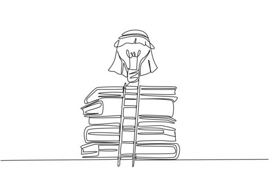 Single one line drawing lightbulb with turban floats above pile of thick books and ladder. Increase the knowledge by reading. Idea. National Creativity Day. Continuous line design illustration vector