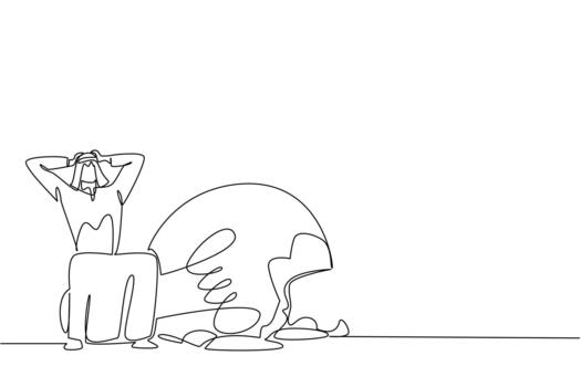 Continuous one line drawing Arabian businessman sits on broken lightbulb with both hands holds head. Such deep regret. Failure. National Creativity Day. Single line draw design vector