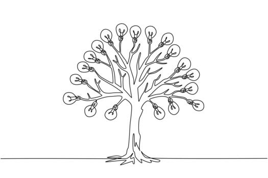 soltero continuo línea dibujo un árbol con muchos ramas y Fruta ese es bombillas. muchos ideas y creatividad originar desde claro aire. solución. árbol concepto. uno línea ilustración vector