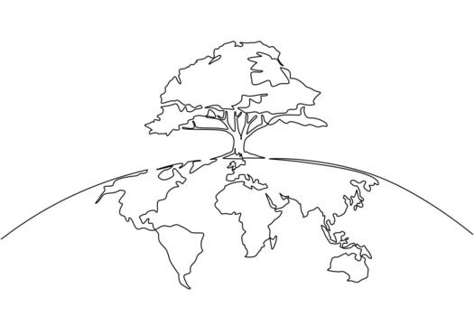 soltero uno línea dibujo arboles crecer en el semicircular superficie de el globo. arboles crecer a sombra el países. verdeado para el tierra. ecológico árbol concepto. continuo línea diseño ilustración vector