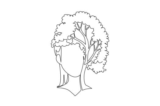 Single continuous line drawing face stuck to a tree trunk with shady leaves and thick roots. The art of carving plants that resemble humans. Symbol. Tree Concept. One line illustration vector