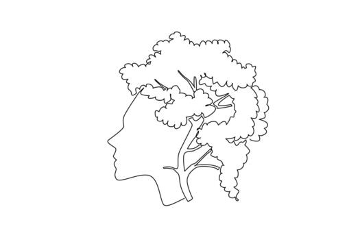 Single one line drawing head with hair made into tree trunk and shady leaves. Greenery fills the head. Character development. Getting thicker. Tree Concept. Continuous line design illustration vector