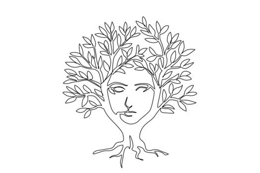 continuo uno línea dibujo un de hoja ancha árbol con el medio de el maletero formando el silueta de un rostro. natural artificial inteligencia. árbol concepto. soltero línea dibujar ilustración vector